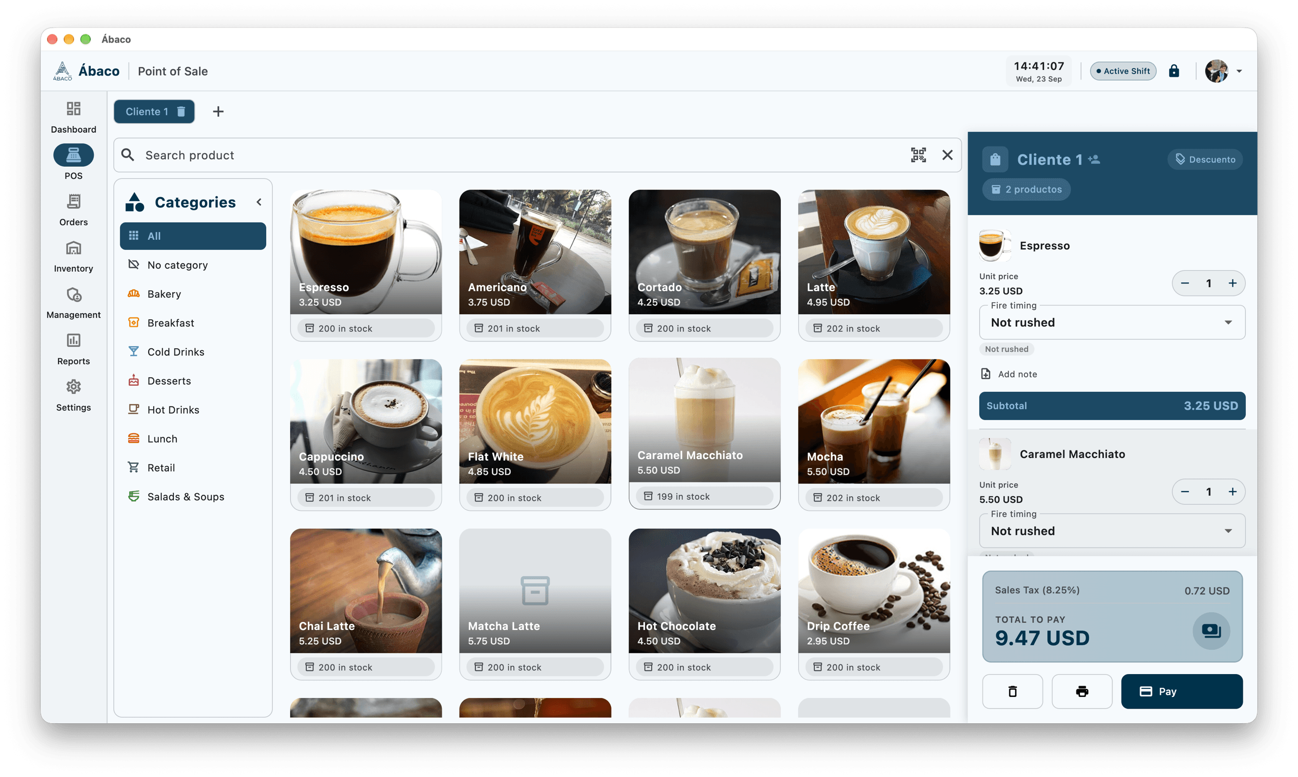 Real Ábaco screenshot showing the point of sale with product catalog and cart